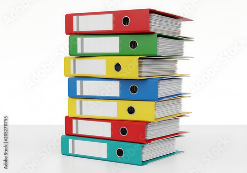 A stack of colorful office binders filled with papers on a white surface in an organized workspace setting with a plain background