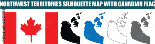 Bild auf Leinwand Northwest territories silhouette map with canadian flag vector illustration set including island geography in black blue outline and striped styles for graphics