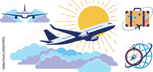 Air travel and global tourism vector illustration with flying airplanes sun clouds suitcase and navigation compass elements