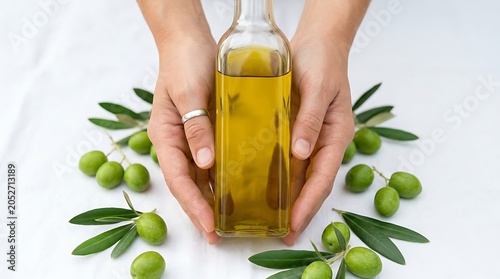 Hands Holding Olive Oil Bottle with Green Olives and Leaves on White Background