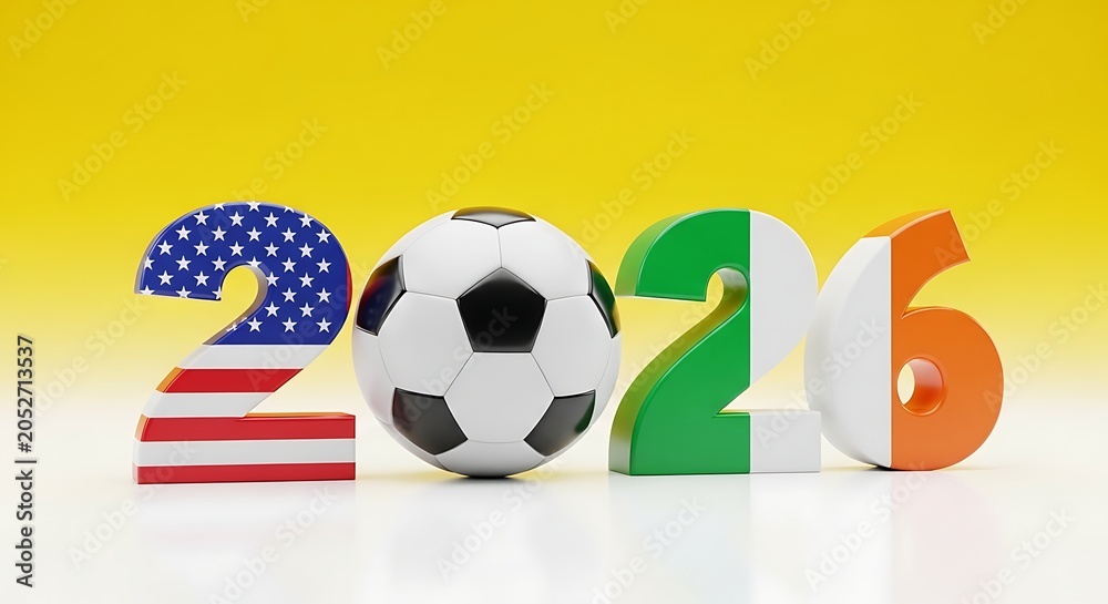 Naklejka premium 3d rendering of the year 2026 with a soccer ball, featuring the american flag on the number 2 and the irish flag on the number 2, representing international soccer events and global sports competition