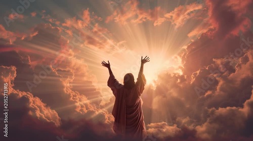 Jesus Christ with open arms in the sky with sun rays and clouds