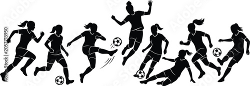 Black silhouettes of women playing soccer
