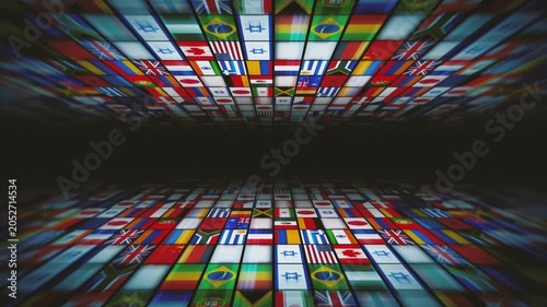World Countries Flags Design 3D Background
Animation of a design abstract 3d background with international world flags icons mosaic on a platform with shifting and speed effect along with depth of blu