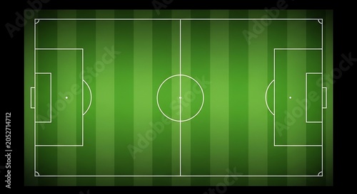 Top view of a soccer field with green grass texture, white markings, center circle, penalty area, and goal area, professional football pitch design for sports concept