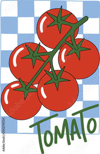 Retro tomato illustration on blue checkered background, vintage kitchen art poster with cherry tomatoes on vine, red vegetable vector graphic