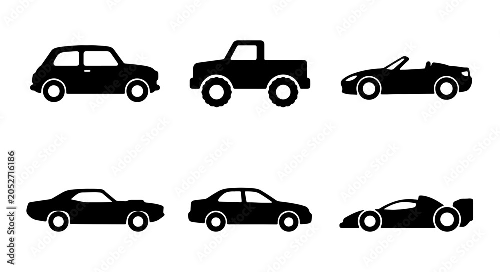 Fototapeta premium Diverse Car Icons Set: Compact, Pickup, Convertible, Sedan, Sports, Race Car Silhouettes