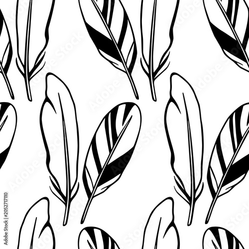 Vector seamless pattern with hand drawn feathers. Beautiful ethnic design elements, ink drawing. Perfect for prints and patterns