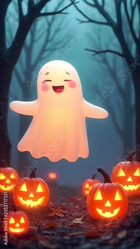 Cute floating Halloween ghost in forest