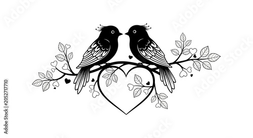Foto Black and white artistic illustration of two lovebirds perched on a heart shaped