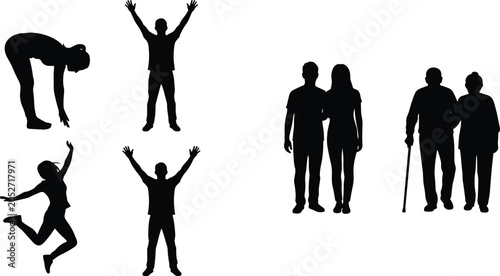 Bild auf Leinwand Black silhouettes of people in different life stages, showing youth, adulthood,