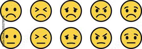 Bild auf Leinwand Set of ten yellow circular emojis showing various sad, angry, and neutral facial