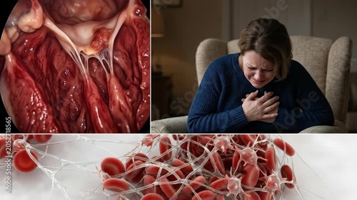 Cardiac complication display: thrombosis event, artery blockage, heart valve, chest discomfort, blood platelet, fibrin strand, human suffering, vessel occlude, medical urgency.