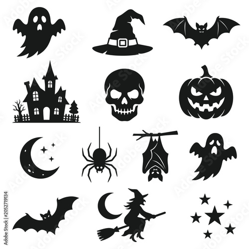 Cuadro en lienzo Spooky halloween silhouette vector set, isolated on white