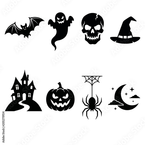 Schilderij op canvas Spooky halloween silhouette vector set, isolated on white