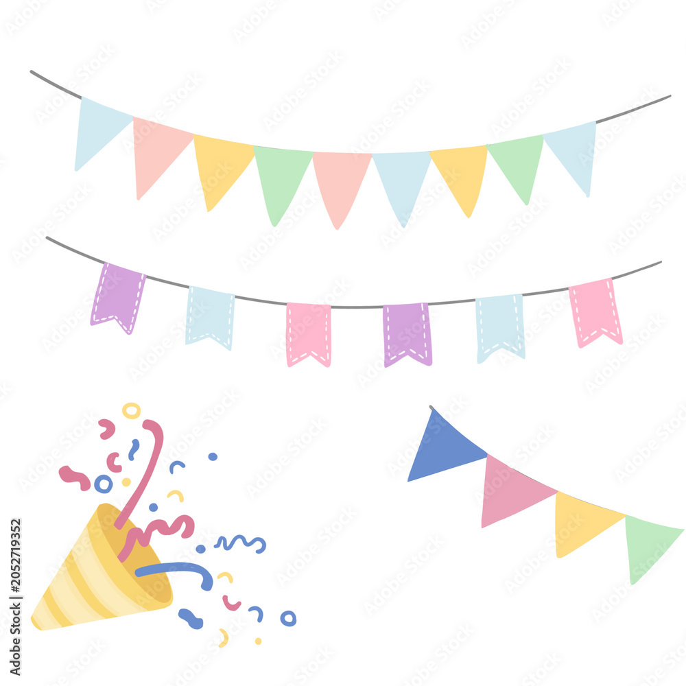 Obraz premium Colorful Party Bunting Flags and Confetti Illustration Set