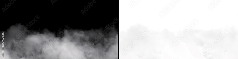 Fototapeta premium Horizontal smoke layer on black background with alpha channel transparency for ground fog cinematic visual fx.