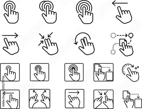 Touch Screen Gestures Line Icons Set. Hand Click, Tap, Swipe, Pinch, Zoom, Scroll, and Drag Pointer Vector Illustrations