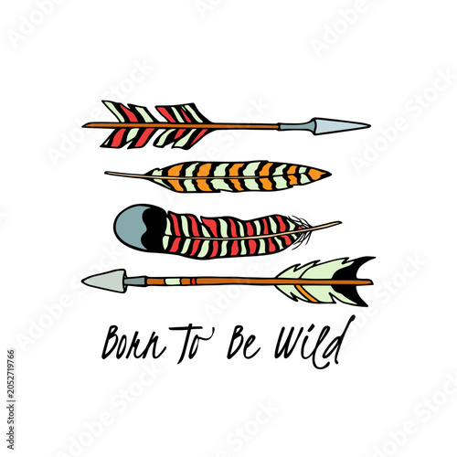 Vector card with hand drawn tribal images - arrows and feathers. Beautiful ethnic design elements, ink drawing. Perfect for lifestyle or inspiration posters