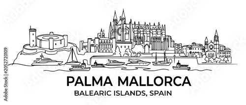 Canvastavla Palma de Mallorca Spain Skyline Line Art Vector - La Seu Cathedral and Bellver C