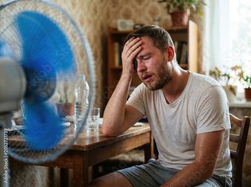 Young bearded man using electric fan at home, sitting on couch cooling off during hot weather, suffering from heat, high temperature