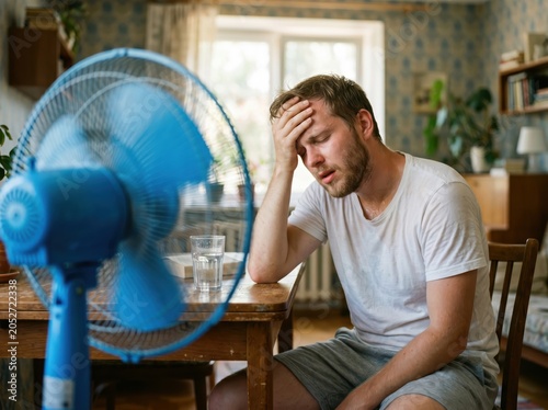 Young bearded man using electric fan at home, sitting on couch cooling off during hot weather, suffering from heat, high temperature