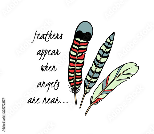 Vector card with hand drawn set of patterned feathers. Beautiful ethnic design elements, ink drawing. Perfect for inspiration posters
