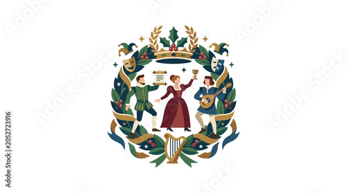 Foto Renaissance Celebration Emblem with Performers, Music, and Royalty