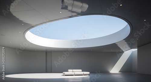 Modern minimalist living room with floating ceiling light and sofa