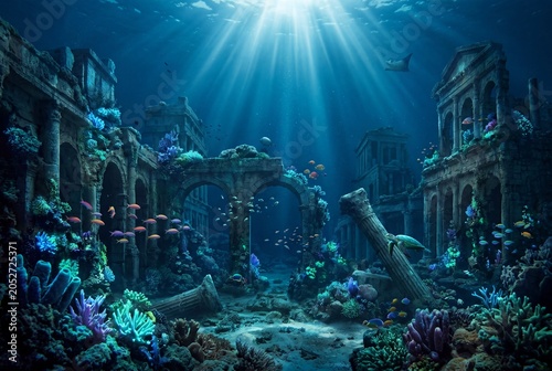 Stunning vibrant underwater city ruins illuminated by magical sunbeams showcasing ancient architecture thriving marine life and colorful coral reefs a