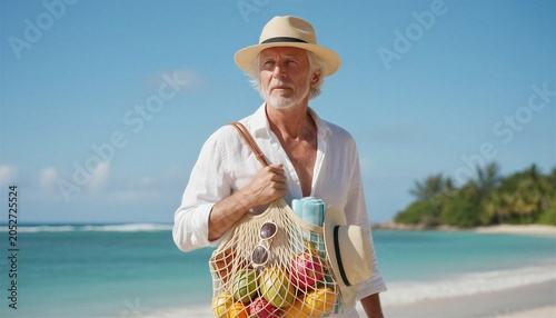 Senior man traveler with reusable mesh bag enjoying sustainable beach vacation lifestyle on tropical sea