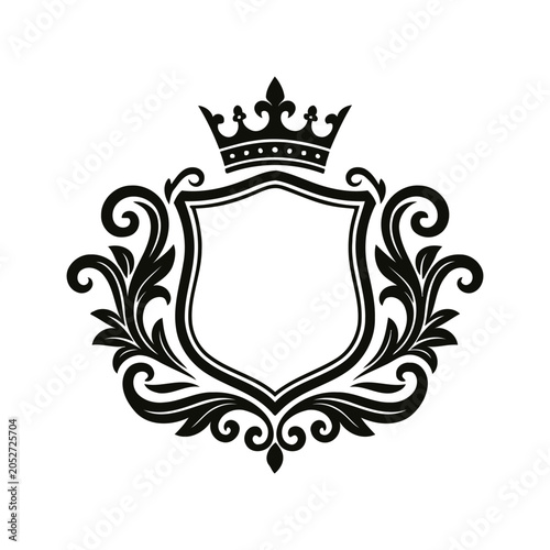 A black and white decorative shield emblem featuring an ornate royal crown and elegant swirling floral flourishes on a white background.