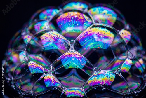 Vibrant abstract close-up of colorful soap bubbles reflecting a dazzling spectrum of light creating a hypnotic iridescent surface pattern a mesmerizin