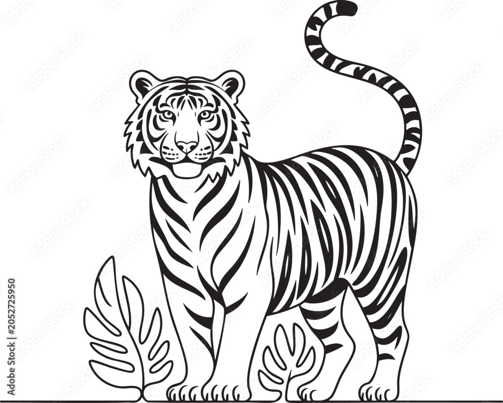 Obraz premium Black and white line of a standing tiger with tropical leaves