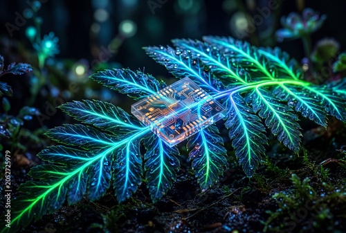Futuristic neon fern leaf with integrated digital computer circuit board technology glowing in vibrant blue and green light against a dark background