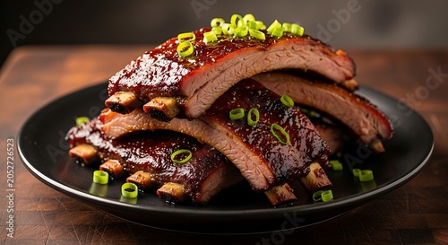 Delicious barbecued ribs with green garnish on a dark plate