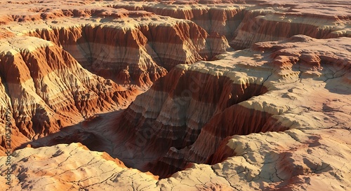 Dramatic canyon landscape with deep red rock formations and waterfall