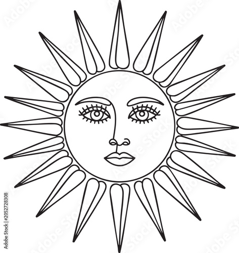 Black and white line sun with human face and pointed rays