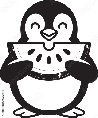 Black and white of a happy penguin eating a watermelon slice