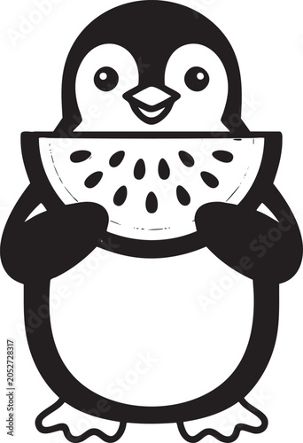 Black and white of a penguin holding a watermelon slice