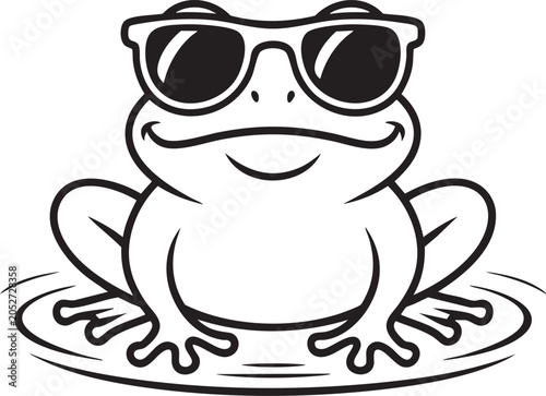 Black and white of a smiling frog wearing sunglasses