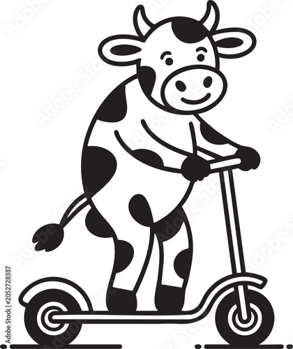 Black and white of a spotted cow riding a kick scooter