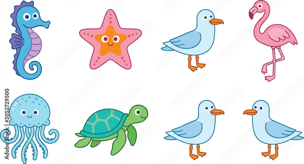 Fototapeta premium Cute Cartoon Ocean and Sea Animals Icon Set Featuring Seahorse, Starfish, Seagull, Flamingo, Jellyfish, and Turtle Vectors for Children Graphic Designs