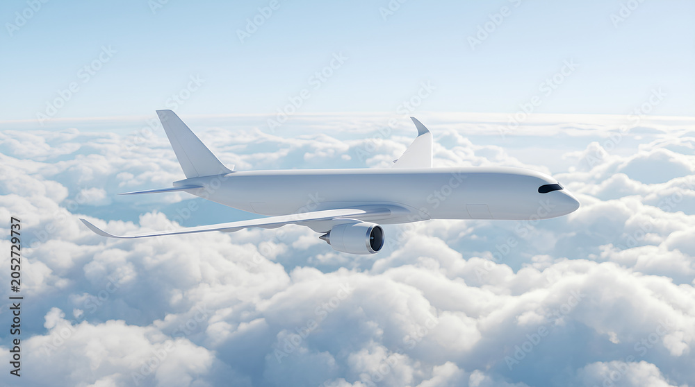 Fototapeta premium White passenger jet airplane flying above clouds in clear blue sky
