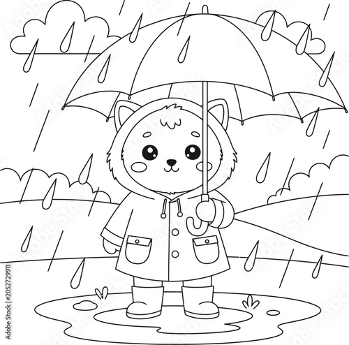 Cute Bear in Raincoat Holding Umbrella Line Art Illustration, Kawaii Cartoon Animal in Rainy Weather, Black and White Coloring Page for Kids, Cozy Rain Scene Outline