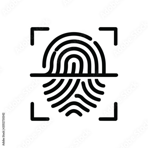 A minimalist black fingerprint icon representing digital identity and biometric security authentication.