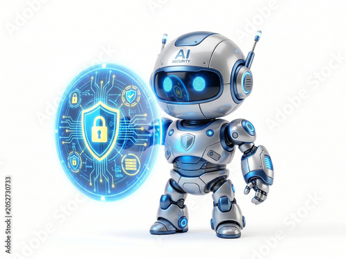 Chibi AI security robot holding a glowing shield with digital protection symbols, futuristic cyber defense concept