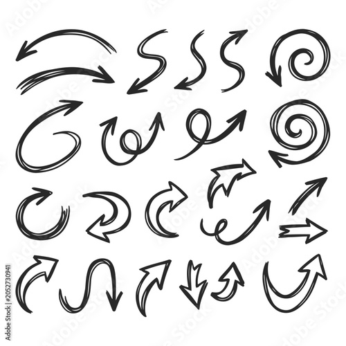 A collection of various hand-drawn arrow sketches isolated on a white background.