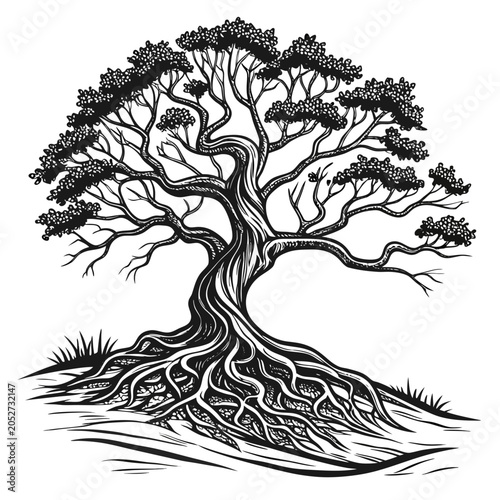 Fotografie Stylized artistic black and white illustration of a gnarly ancient tree with spr