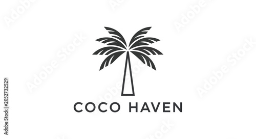 Fotografie Minimalist Coco Haven Palm Tree Logo Design on White Background.